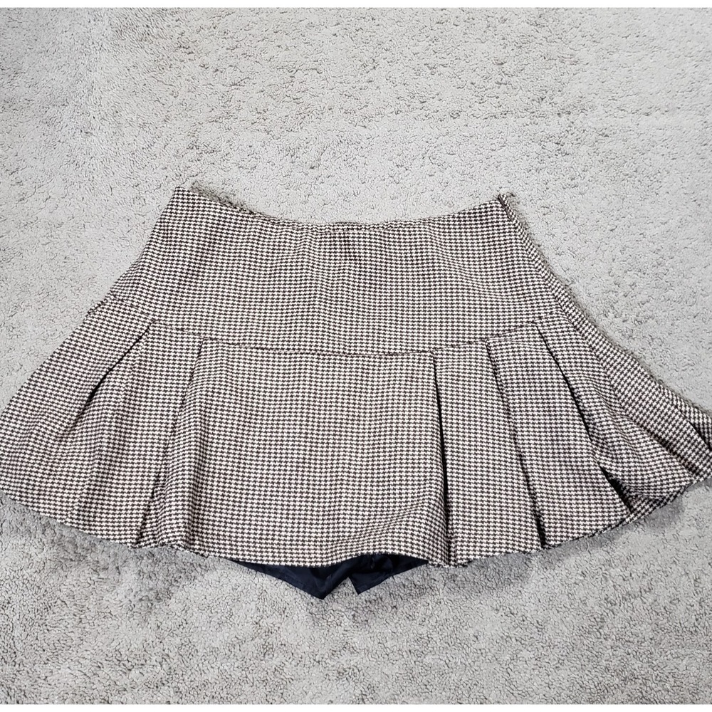 Shein Curve Skort Skirt Shorts 0XL (12-14) Tan Brown Houndstooth Ruffle Preppy
